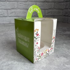 Коробка з ручкою для 1 кекса / 82х82х100 / весняні квіти / 3D вікно