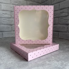Коробка для цукерок, печива / 200х200х30 / рожева, горошок / вікно